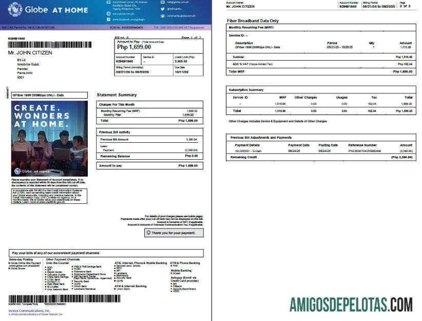 para download Modelo de fatura de serviços públicos do Globe MyBusiness das Filipinas em formatos Word e PDF, 2 páginas, versão 2